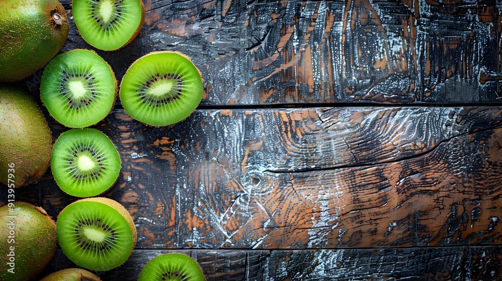 Sticker Whole and Sliced Kiwifruit Arranged on Rustic Wooden Table with Copy Space