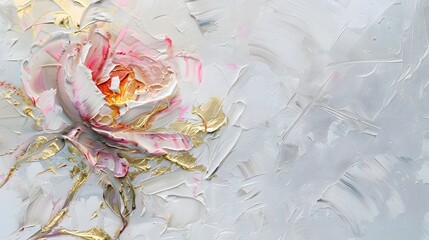 abstract floral oil painting gold and blue hydrangea flower on white background