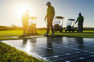 Golfers on an energyefficient course close up, focus on, copy space lush green, Double exposure silhouette with solar carts