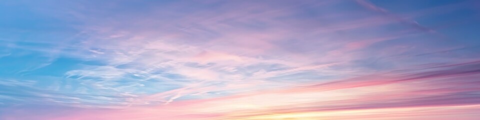 Fototapeta premium Pastel Sunset Sky Panoramic Photography Soft Pink Golden and Blue Evening Sky with Long Stratus Clouds on the Horizon Serene Skyscape in Pastel Hues Nature s Beauty in Focus