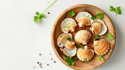 Detailed Top-Down Image of Multiple Scallops on a White Backdrop, Ideal for Seafood Market Promotions and Restaurant Menus