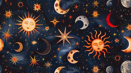 Celestial pattern with suns moons and stars on a dark background