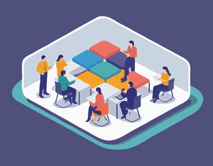 Isometric illustration concept Team discussion about organizational system