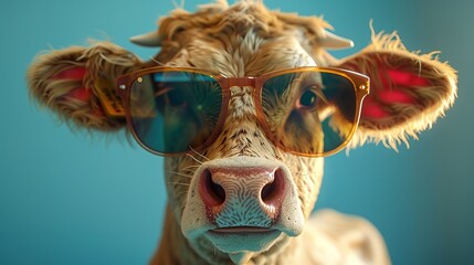 Obraz premium cow wearing sunglasses in front of a blue background surreal animal portrait generative ai