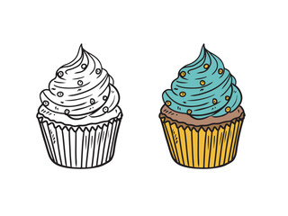 Beautiful realistic tasty cupcake with blue cream and orange ball decoration on white. Hand drawn vector sketch illustration in doodle engraved vintage line art style. Dessert, bakery, coloring book