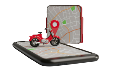 Smartphone map pin and red delivery bike on transparent background