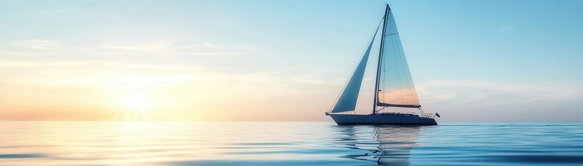 Fototapeta premium Tranquil sailboat gliding on calm ocean waters during a breathtaking sunset, capturing the serenity and beauty of coastal sailing.
