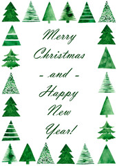Fototapeta premium Merry Christmas and Happy New Year greetings decorated with cute watercolor Christmas trees. Blank with greetings decorated with naive hand-painted watercolor Christmas trees.