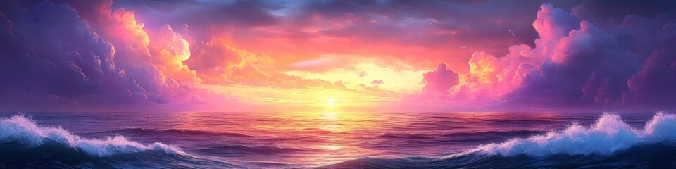Obraz premium Dreamy Anime-Inspired Seascape: Vibrant Purple and Pink Clouds over Ocean Sunrise. 4K Wallpaper Featuring Ethereal Natural Landscape, Stunning Sky, and Tranquil Waters. Perfect for Digital Art Project