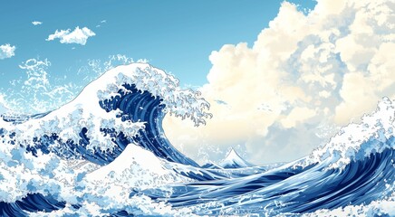 A dramatic wave crashing against the shore, reminiscent of "The Great Wave off Kanagawa" , Illustration, Ukiyo-e, copy space