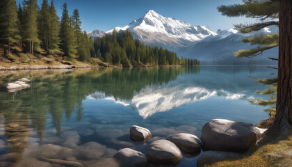 Serene Mountain Lake with Reflective Snow-Capped Peaks and Pine Forests - Photorealistic Nature Scene