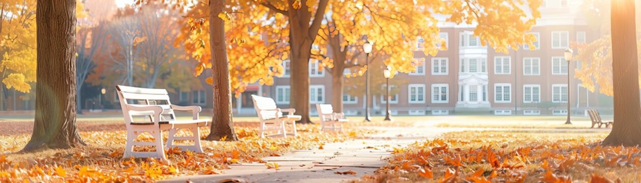 An autumn day on a campus, where students are reading on benches under trees with vibrant fall foliage, the campus buildings in the background