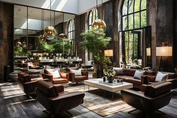 Fototapeta premium Luxurious salon lounge area with contemporary decor, featuring leather armchairs, sofas, elegant lighting, and large mirrors.