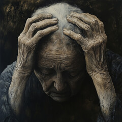 Eldery person, old style painting in a mental or physical pain concept