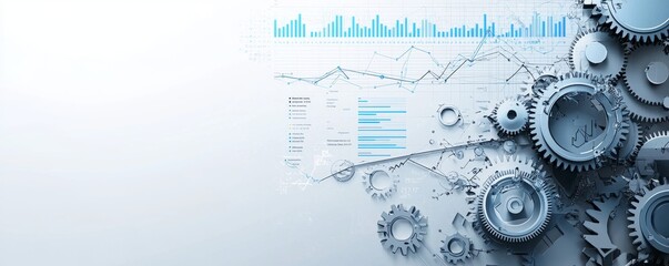 Modern light grey background with industrial gears and business charts