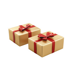 Obraz premium Golden gift boxes with red ribbons stacked in a pyramid, isolated on a white background, symbolizing celebration and luxury.