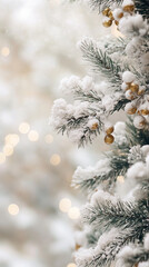 Christmas tree background with bokeh, copy space, snow and small golden baubles