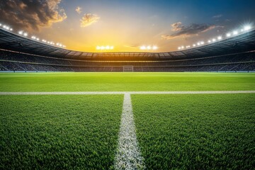 Impressive soccer stadium prepared for the evening match. Football stadium field view. Professional sports background for advertisement with generative ai