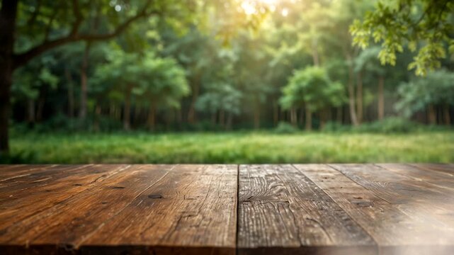 empty wooden table in the forest and morning sunlight. 4k animation looping video