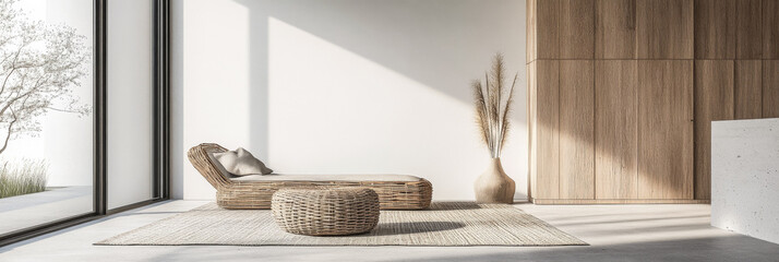 Japanese minimalist property interiors in neutral colors, with minimal chic furniture and natural lighting. Oriental Real Estate interior design composition.