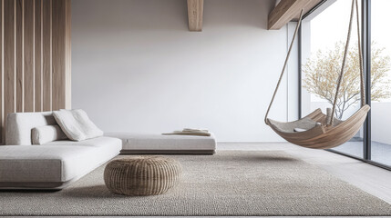 Japanese minimalist property interiors in neutral colors, with minimal chic furniture and natural lighting. Oriental Real Estate interior design composition.