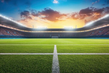 Obraz premium Impressive soccer stadium prepared for the evening match. Football stadium field view. Professional sports background for advertisement with generative ai