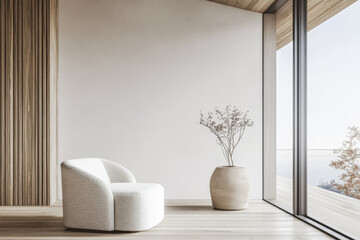 Japanese minimalist property interiors in neutral colors, with minimal chic furniture and natural lighting. Oriental Real Estate interior design composition.