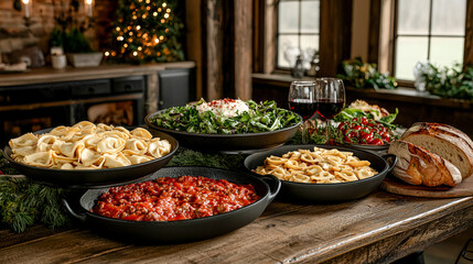 Obraz premium Enjoy authentic Italian cuisine A delicious pasta dish with a good wine This image captures the essence of Italian pasta specialties in a warm and inviting setting. all about italien gourmet food