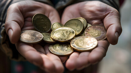 Hand holding Chinese yuan coins, shiny and golden, varying sizes, depicting symbols of wealth.