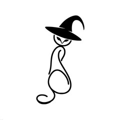 Black vector line drawn silhouette of a graceful cat wearing a witch hat on a white background, symbolizing Halloween and magic, with a minimalistic design, logo