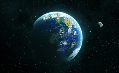 The earth from space with visible continents and a distant moon