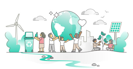 Climate protection with sustainable nature friendly lifestyle outline concept, transparent background. Renewable resource consumption, alternative solar.