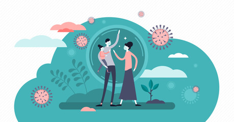 Virus safety recommendations concept, flat tiny family persons illustration, transparent background. Corona virus COVID-19 outbreak threat prevention. Avoiding infection by home quarantine isolation.