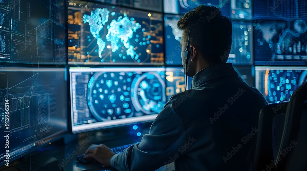 Poster Cybersecurity Specialist Monitoring Digital Network Interface with Data Streams and Analytics