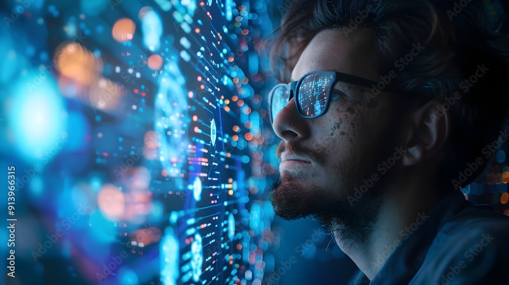 Poster cybersecurity specialist monitoring digital data network with futuristic interface