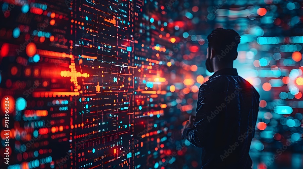 Poster cybersecurity specialist monitoring a futuristic digital interface with data streams technology conc