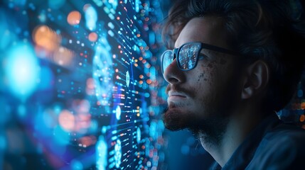 Cybersecurity Specialist Monitoring Digital Data Network with Futuristic Interface