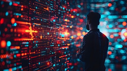 Cybersecurity specialist monitoring a futuristic digital interface with data streams technology concept