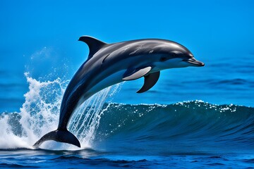Fototapeta premium Dolphin jumping out of the water on a background of blue sky
