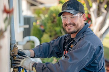 Fototapeta premium Smiling Plumber Working on a Pipe