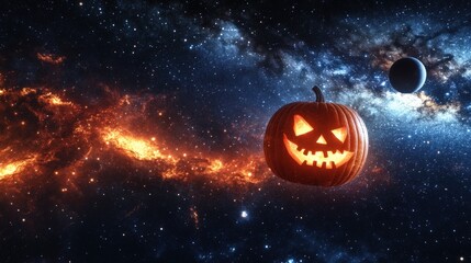 Glowing spooky Halloween pumpkin flying in space