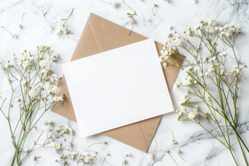 Blank White Card Mockup with Flowers on Marble Background