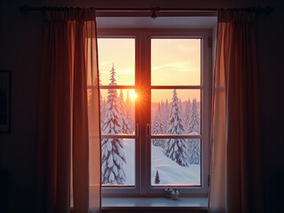 Cozy Winter Sunrise View Through Window with Snowy Forest