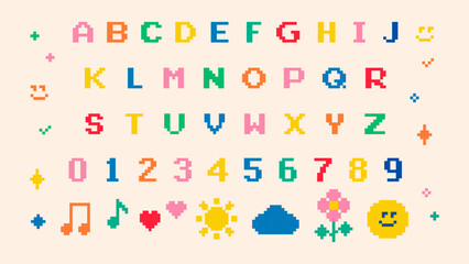 Fototapeta premium Pixel alphabet letters and number. Funny naive design elements. Childish font set in pixel art. Mood of 90's aesthetics. 8-bit retro style vector typeface for kids design, game, website, print, card