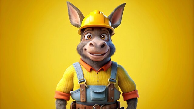 Donkey sporting a construction hardhat, tool belt, and work boots, isolated on yellow background , copy space,generative ai