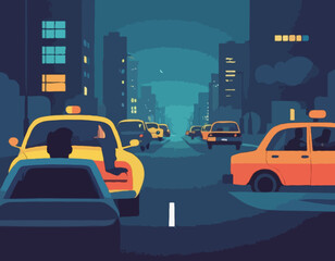 Tired man driving city traffic jam at evening. After work day, sleepy driver in car on road. Fatigue male in auto, urban environment problems kicky vector scene