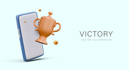 Realistic smartphone, metal cup. Poster for congratulating online victory in phone application