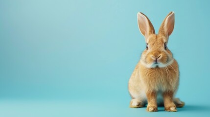 Cute brown rabbit sitting on a blue background with copy space for text