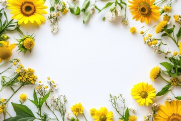 A vibrant frame of sunflowers and white flowers on a white background. Perfect for a summer or spring design.