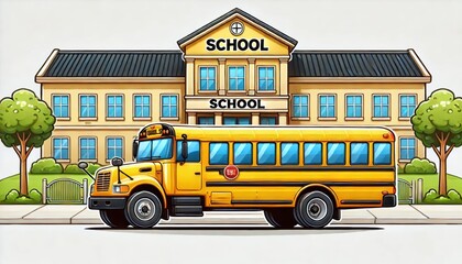 A clip art illustration of a school bus parked in front of a school building